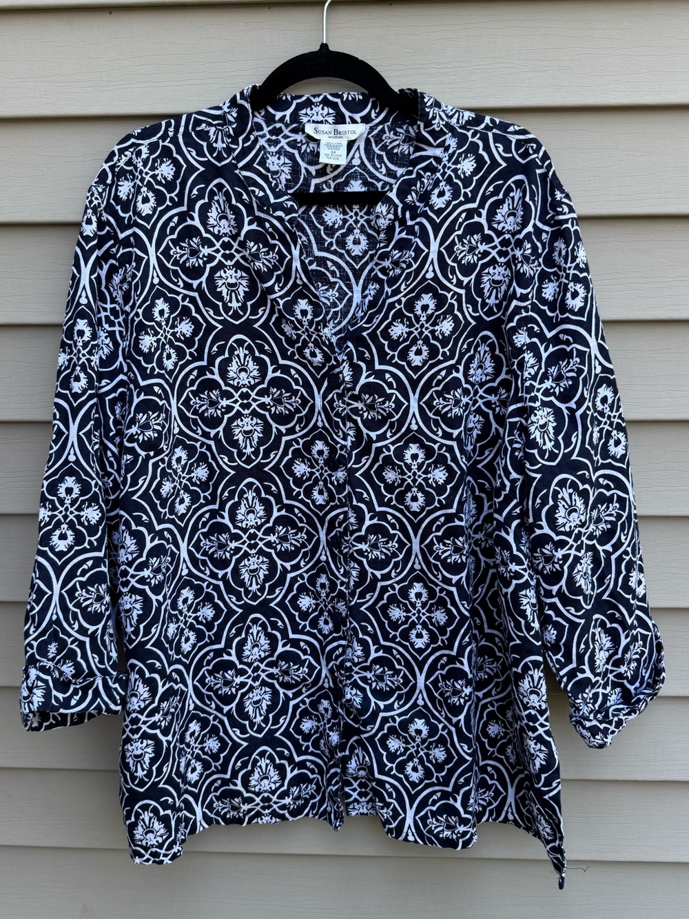 Susan Bristol 3X 100% Linen Navy White Medallion Blouse Coastal